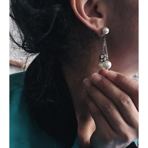 Vintage 1960s rhinestone screw back silver earring pearl whimsicore fairy retro - Picture 3 of 5